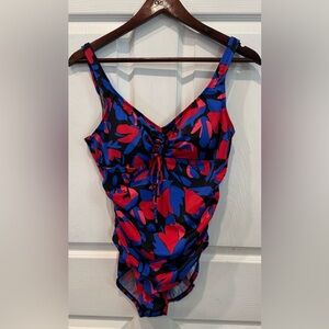 Aqua Green Brand UPF 50 Cinch Front One Piece Swimsuit Multi Floral Print Size L